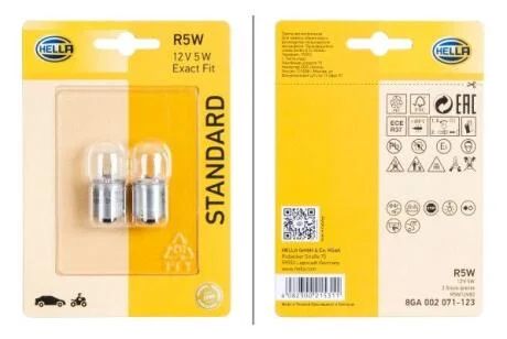 R5W 12V5W Автолампа (2 шт) HELLA 8GA 002 071123