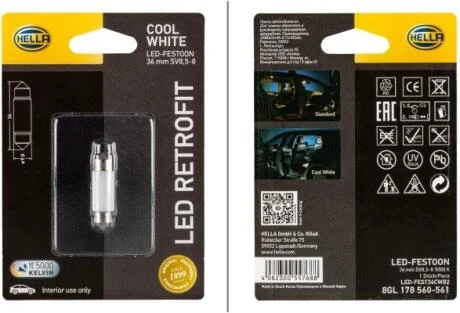 Лампа LED RETROFIT LED, 12V, SV8.5-8 1W 36MM 5000K 35л.m блістер (x1) HELLA 8GL 178 560561