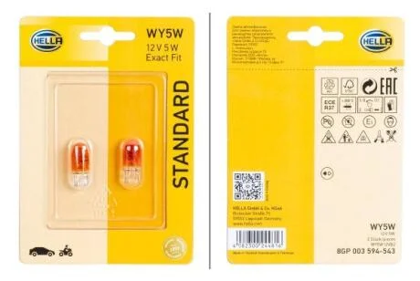 WY5W 12V 5W Лампа розжарювання вказівника повороту (жовтий) STANDARD (блістер 2 шт) HELLA 8GP 003 594543