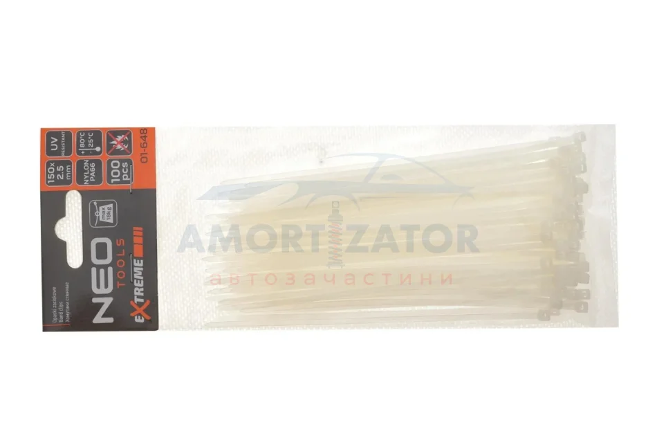 Стяжки кабельні EXTREME 2,5 × 150 мм, білі 100 шт. NEO TOOLS 01648 (фото 1)