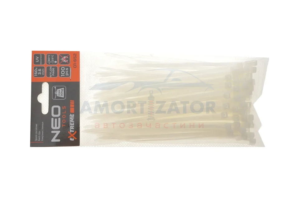 Стяжки кабельні EXTREME 3,6 × 150 мм, білі, 100 шт. NEO TOOLS 01652 (фото 1)