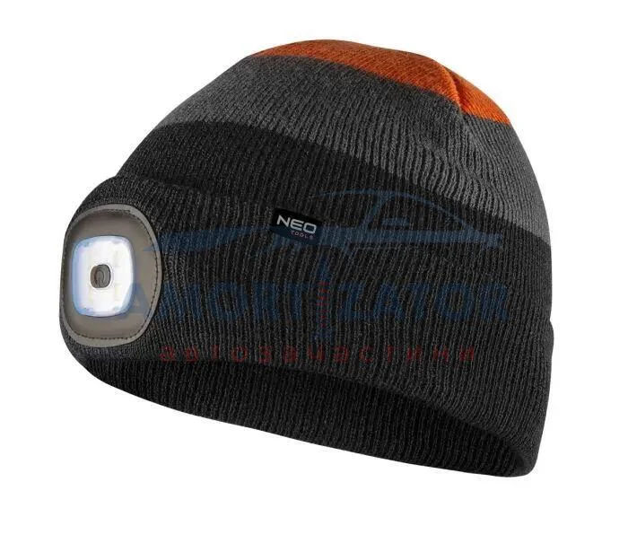 Шапка з ліхтариком, чорно-сіро-жовтогаряча WARM NEO TOOLS 81631 (фото 1)