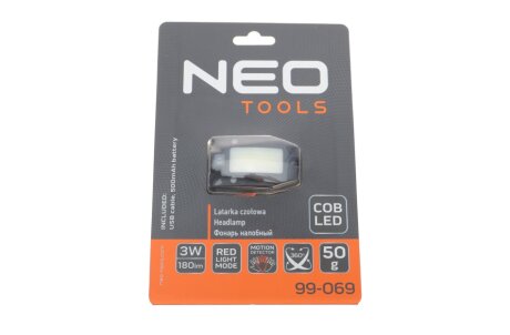 Налобний ліхтар з акумулятором USB 180 lm COB LED + датчик руху NEO TOOLS 99-069