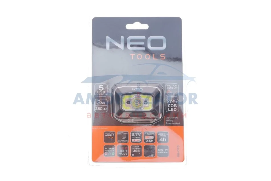 Налобний ліхтар з акумулятором USB 250 lm COB LED + датчик руху NEO TOOLS 99073 (фото 1)