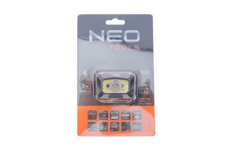 Налобний ліхтар з акумулятором USB 250 lm COB LED + датчик руху NEO TOOLS 99-073