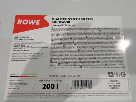 Олива моторна HIGHTEC SYNT RSB 12FE SAE 0W-30 (200 L) ROWE 20305200099