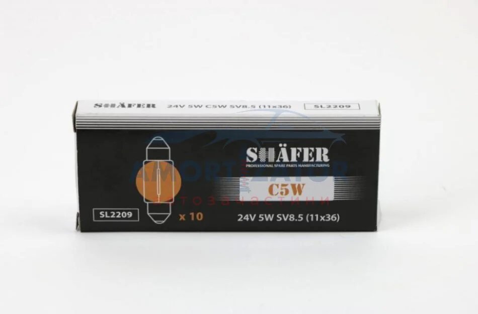Лампа розжарювання 24V 5W C5W SV8.5 (11x36) (картонна упаковка по 10шт) SHAFER SL2209 (фото 1)