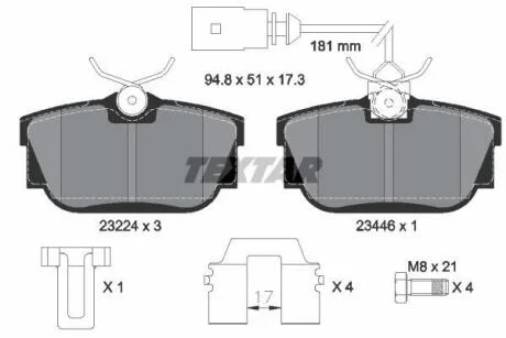 Комплект гальмівних колодок задн, VW CALIFORNIA T4 CAMPER, TRANSPORTER T4 1.8-2.8 07.90-06.03 TEXTAR 2322416