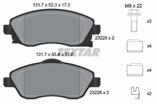 Комплект гальмівних колодок передн, OPEL COMBO, COMBO TOUR, CORSA C, MERIVA A, TIGRA 1.0-1.8 09.00- TEXTAR 2322501 (фото 1)