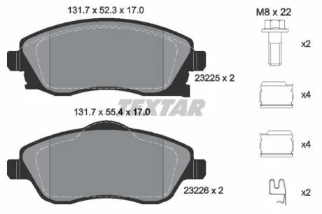Комплект гальмівних колодок передн, OPEL COMBO, COMBO TOUR, CORSA C, MERIVA A, TIGRA 1.0-1.8 09.00- TEXTAR 2322501