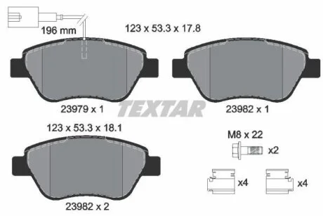 Комплект гальмівних колодок передн, ABARTH 500 / 595 / 695 FIAT 500, 500 C, DOBLO, FIORINO, GRANDE PUNTO, LINEA, PANDA, PUNTO, PUNTO EVO, QUBO PEUGEOT BIPPER TEPEE 1.2-1.6 10.01- TEXTAR 2397901