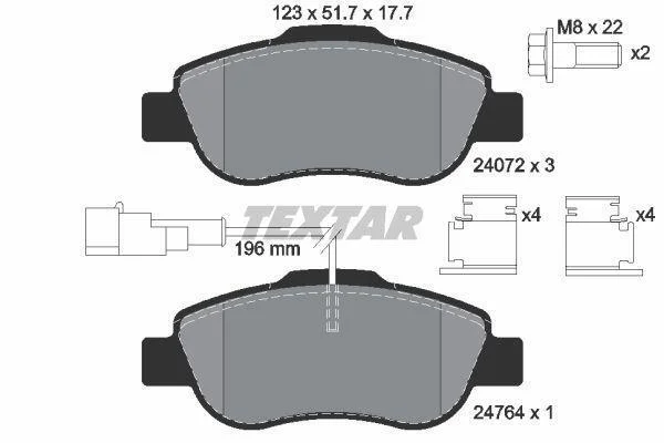 Комплект гальмівних колодок передн, ABARTH 500 / 595 / 695 FIAT 500, 500 C, GRANDE PUNTO, PANDA, PUNTO EVO FORD KA PEUGEOT BIPPER TEPEE 1.2-1.4D 09.03- TEXTAR 2407202 (фото 1)