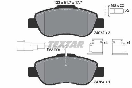 Комплект гальмівних колодок передн, ABARTH 500 / 595 / 695 FIAT 500, 500 C, GRANDE PUNTO, PANDA, PUNTO EVO FORD KA PEUGEOT BIPPER TEPEE 1.2-1.4D 09.03- TEXTAR 2407202