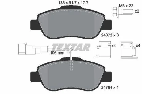 Комплект гальмівних колодок передн, ABARTH 500 / 595 / 695 FIAT 500, 500 C, GRANDE PUNTO, PANDA, PUNTO EVO FORD KA PEUGEOT BIPPER TEPEE 1.2-1.4D 09.03- TEXTAR 2407202