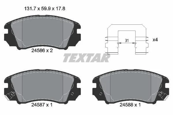 Комплект гальмівних колодок передн, HYUNDAI SONATA V KIA MAGENTIS II 2.0-2.7 01.05-12.10 TEXTAR 2458601 (фото 1)