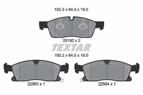 Комплект гальмівних колодок передн, JEEP GRAND CHEROKEE, GRAND CHEROKEE IV 3.0-6.4 11.10- TEXTAR 2519209