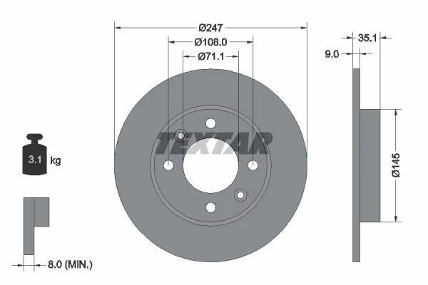 Диск гальмівний задн Лів/Прав CITROEN BERLINGO, BERLINGO/MINIVAN, C2, C2 ENTERPRISE, C3 I, C3 PLURIEL, C4, C4 I, XSARA PICASSO PEUGEOT 1007, 307, 307/KOMBI, PARTNER 1.1-2.0D 06.96- TEXTAR 92111703 (фото 1)