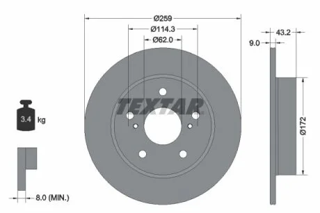 Диск гальмівний задн лів/прав SUZUKI SWIFT IV 1.2/1.4/1.6 10.10-04.17 TEXTAR 92308303