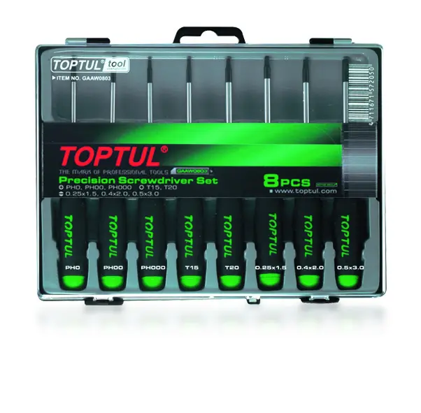 Набір інструментів 8 шт, профіль: Philips PH / TORX / плоска, 1.5x50 2x50 3x50 мм, розмір Philips: PH0 PH00 PH000, розмір ключа для гнізда E-TORX: T15, T20 TOPTUL GAAW0803 (фото 1)