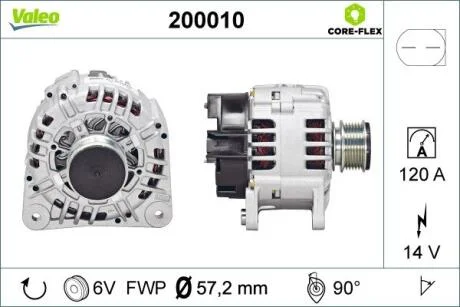 Генератор (14В, 120А, відновлений) AUDI A2, A3, A4 B5, A6 C4, A6 C5, TT FORD GALAXY I SEAT ALHAMBRA, AROSA, CORDOBA, CORDOBA VARIO, IBIZA II, IBIZA III, IBIZA IV, IBIZA IV SC, INCA 1.0-3.2 02.90- VALEO 200010