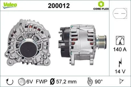 Генератор (14В, 150А, відновлений) AUDI A1, A3, A4 B6, A4 B7, A8 D4, Q3, TT CHRYSLER SEBRING DODGE AVENGER, CALIBER, JOURNEY FORD GALAXY I JEEP COMPASS, PATRIOT SEAT ALHAMBRA 1.0-4.2 09.95- VALEO 200012