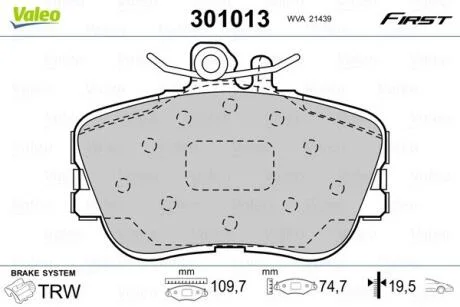 Комплект гальмівних накладок, дискове гальмо VALEO 301013