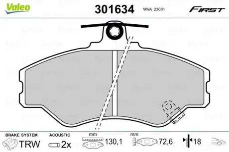 Комплект гальмівних накладок, дискове гальмо VALEO 301634