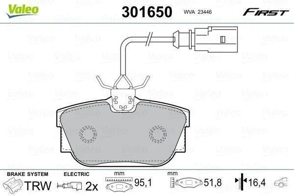Комплект гальмівних накладок, дискове гальмо VALEO 301650 (фото 1)