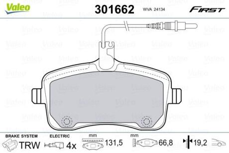 Комплект гальмівних накладок, дискове гальмо VALEO 301662