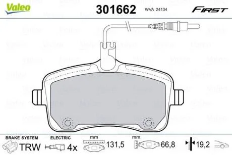 Комплект гальмівних накладок, дискове гальмо VALEO 301662