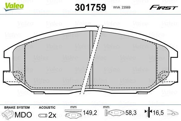 Комплект гальмівних накладок, дискове гальмо VALEO 301759 (фото 1)