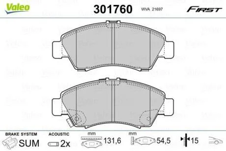 Комплект гальмівних накладок, дискове гальмо VALEO 301760