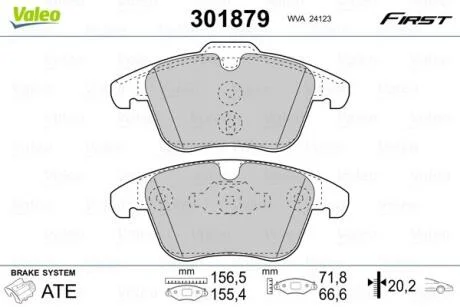Комплект гальмівних накладок, дискове гальмо VALEO 301879