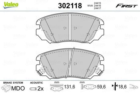Комплект гальмівних накладок, дискове гальмо VALEO 302118