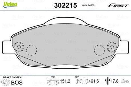 Комплект гальмівних накладок, дискове гальмо VALEO 302215