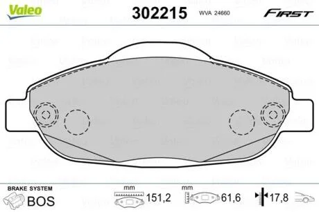 Комплект гальмівних накладок, дискове гальмо VALEO 302215