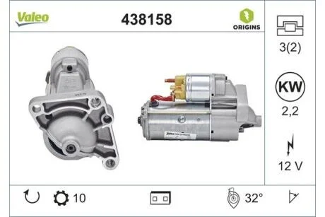 Стартер (12В, 2,2кВт, новий із заставою) NISSAN INTERSTAR, PRIMASTAR OPEL MOVANO A, VIVARO A RENAULT AVANTIME, ESPACE III, ESPACE IV, LAGUNA I, LAGUNA II, MASTER II, SAFRANE II 2.2D/2.5D 03.96- VALEO 438158
