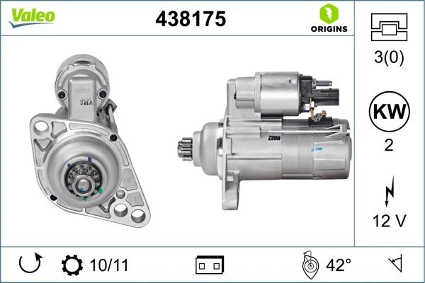Стартер (12В, 2кВт, новий із заставою) AUDI A3, TT SEAT ALTEA, ALTEA XL, CORDOBA, IBIZA III, IBIZA IV, IBIZA IV SC, LEON, TOLEDO III SKODA FABIA I, FABIA I PRAKTIK, FABIA II 1.4-2.0D 10.99- VALEO 438175 (фото 1)