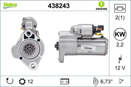 Стартер (12В, 2,2кВт, новий із заставою) MERCEDES SPRINTER 3,5-T (B906), SPRINTER 3-T (B906), SPRINTER 4,6-T (B906), SPRINTER 5-T (B906) VW AMAROK, CRAFTER 30-35, CRAFTER 30-50 2.0D-3.0D 06.06- VALEO 438243