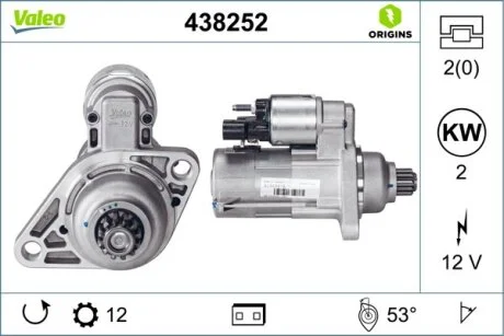 Стартер (12В, 2кВт, новий із заставою) AUDI A1, A3, Q2 SEAT ALTEA, ALTEA XL, ATECA, IBIZA IV ST, LEON, LEON SC, LEON ST SKODA FABIA II, KAROQ, OCTAVIA II, OCTAVIA III, ROOMSTER 1.2-2.0D 10.06- VALEO 438252