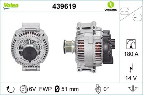 Генератор (14В, 180А, новий із заставою) MERCEDES SPRINTER 3,5-T (B906), SPRINTER 3-T (B906), SPRINTER 4,6-T (B906), SPRINTER 4-T (B904), SPRINTER 5-T (B906), VIANO (W639) 2.1D-3.5 04.00- VALEO 439619