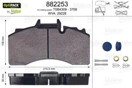 Комплект гальмівних накладок, дискове гальмо VALEO 882253